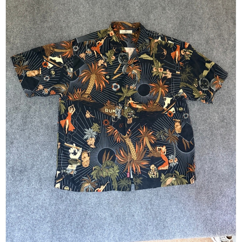 Tommy Bahama Mens XL Silk Hula Girl Rum Tropical Camp Shirt Black Short Sleeve